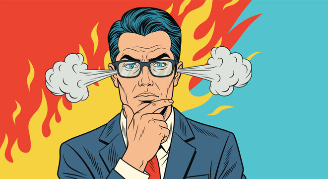 Angry businessman in a suit and glasses with steam blowing out of his ears against a background of flames in pop art comic style.