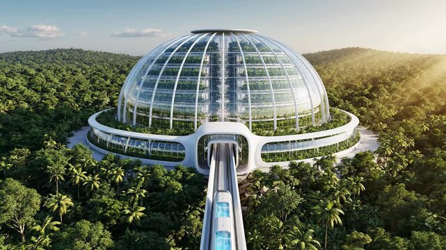 futuristic biodome farm with automated train access nestled in lush green rainforest, sustainable agriculture, ecotourism, and future city planning concepts
