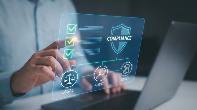 Corporate Compliance and RegTech Concept: Hands Interacting with Holographic Digital Ledger, Audit, Legal, and Policy Icons