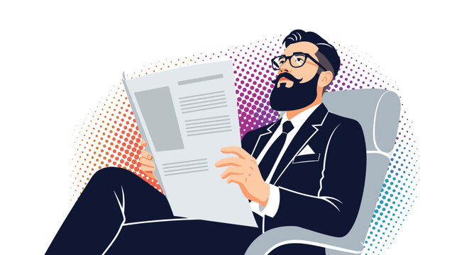 Professional businessman with a beard and glasses sitting in a chair and reading a newspaper against a dot pattern background.