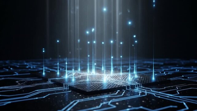 Glowing blue microchip centers a neon circuit plane with vertical light beams tracing luminous paths