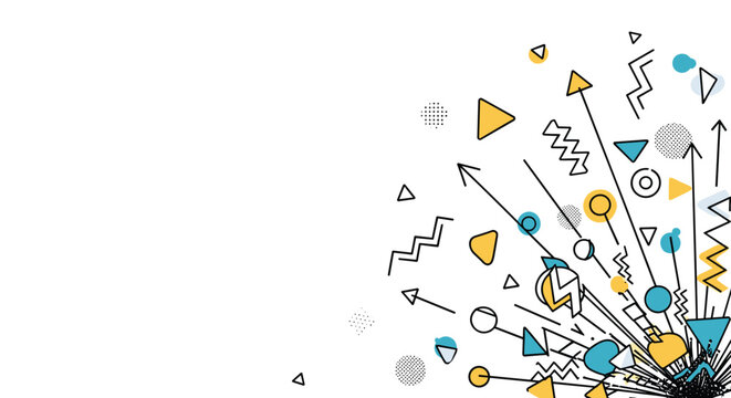 Colorful abstract explosion of geometric shapes like triangles and squiggles with arrows pointing outwards from a corner on white.