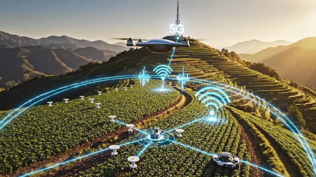 Smart farming technology, agricultural drone spraying crops on terraced fields, connected by 5g network, data visualization, precision agriculture, modern farming innovation