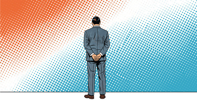 Man in a gray suit standing with his back to the camera against a background of orange and blue halftone dot patterns.