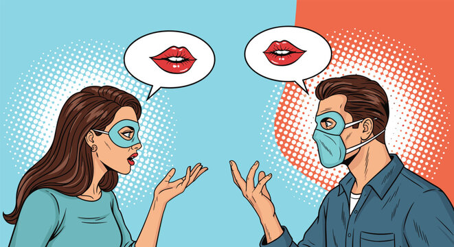 Male and female superheroes in masks talking to each other with speech bubbles containing images of lips against a dotted background.