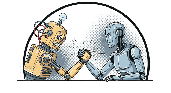 Old vintage robot and a modern humanoid robot arm wrestling in a competition against a circular halftone dot background.