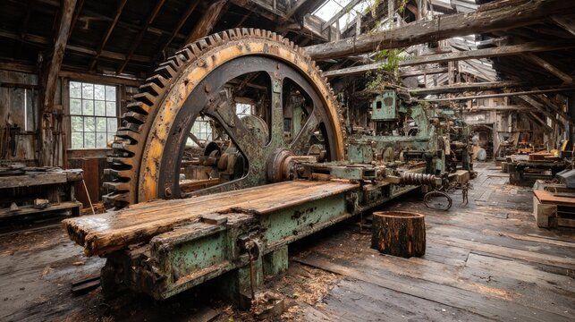 Interior of an abandoned industrial workshop with large rusting machinery and decaying wooden