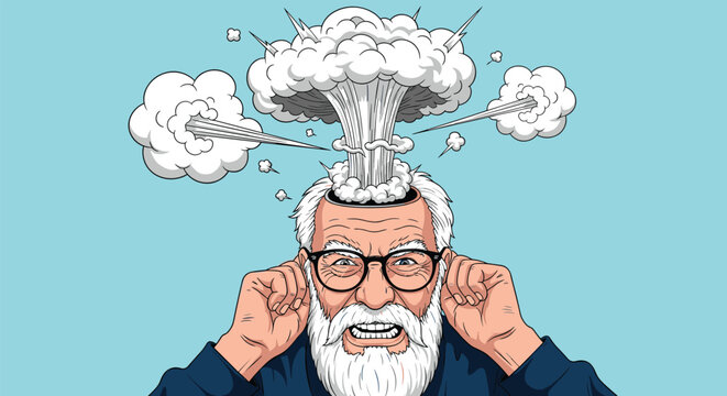 Elderly man with a beard and glasses looking stressed as the top of his head explodes into a large mushroom cloud.