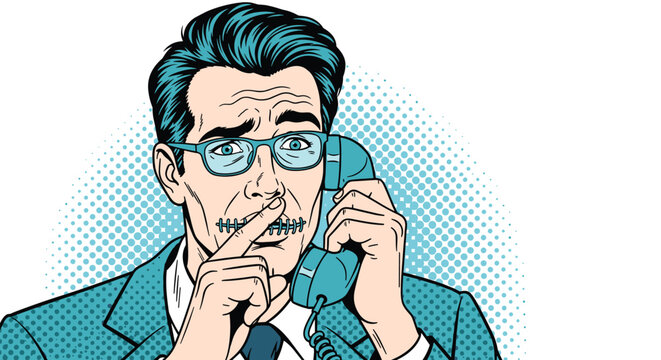 Man in a suit and glasses talking on a telephone handset while his mouth is sewn shut and he holds a finger to his lips.