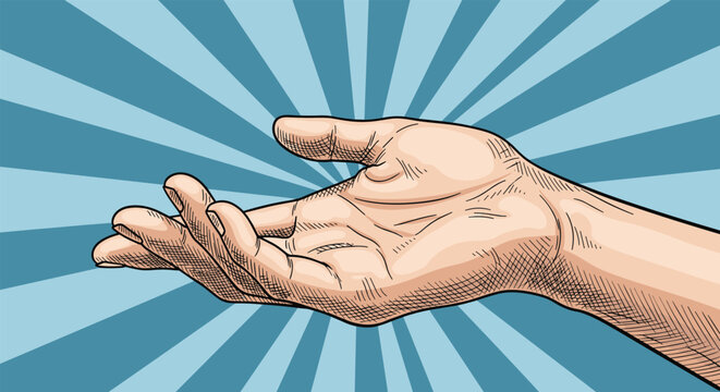 Human hand reaching out with the palm open upwards against a vibrant blue and light yellow sunburst background with rays.