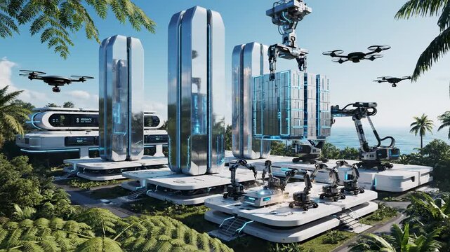 Futuristic automated factory with robotic arms and drones operating in a tropical island setting, advanced technology and industry