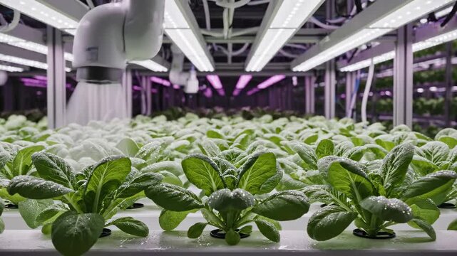 Rows of fresh green lettuce plants growing indoors in a vertical hydroponic farm, illuminated by LED grow lights with a misting system active