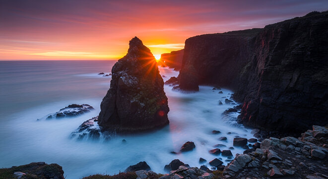 Dramatic coastal sunset with sea stack and rugged cliffs long exposure ocean waves