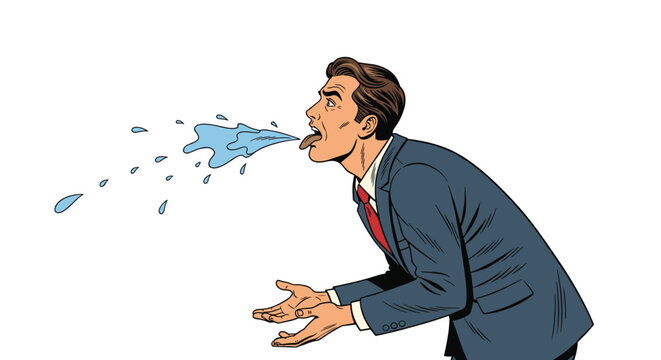 Profile view of a man in a business suit dramatically spitting out water with a shocked or disgusted facial expression.