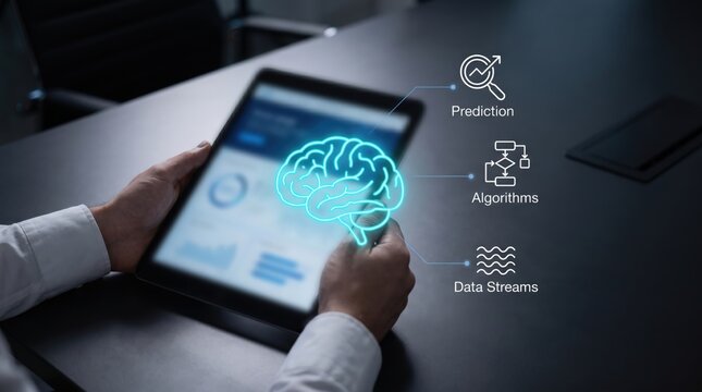 AI Financial Forecasting and Predictive Analytics Concept: Person with Tablet and Holographic Brain Network Processing Algorithms and Data Streams