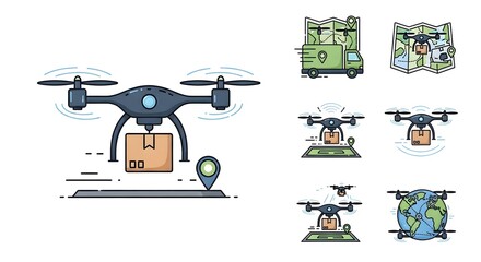 Fototapeta premium Set of Vector Illustrations Featuring Drone Delivery and Logistics