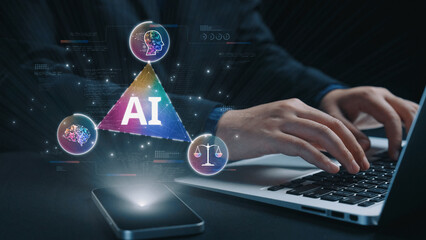 Naklejka premium AI Assistant Brain Processor with LLM Technology, Big Data, Machine Learning, Generative AI for Business Support, Future Agentic AI Technology and Artificial Intelligence Prompt Engineering. Elide