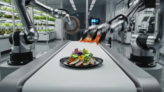 Automated robotic arms preparing gourmet salad in a high-tech vertical farm, displaying preparation data on holographic interface, future food production