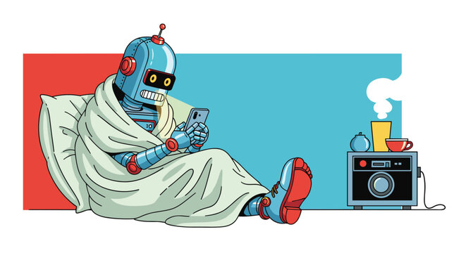 Cute robot tucked in bed under a thick blanket using a smartphone while a warm cup and radio sit on a bedside table nearby.