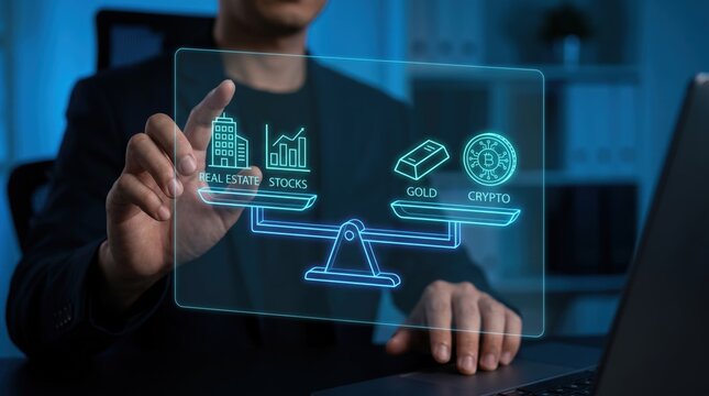 Diversified Investment Portfolio and Asset Allocation Concept: Hands Interacting with Holographic Balanced Scale of Stocks, Crypto, and Real Estate