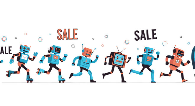 Collection of various colorful robots and a TV robot running and roller skating past multiple sale signs in a fun retail concept.