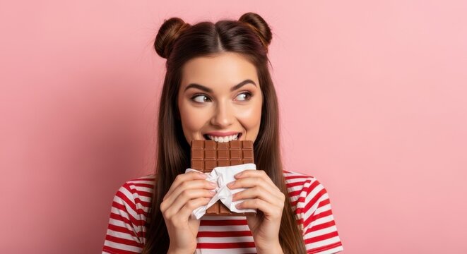 A joyful young woman happily eating a delicious milk chocolate bar with excitement and pleasure