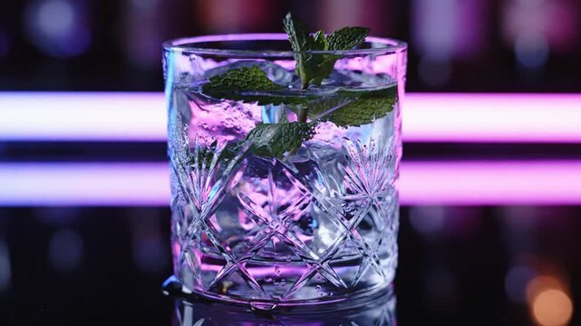 Close up of a crystal cut cocktail glass with ice and fresh mint garnish on a reflective dark bar counter, illuminated by blue and pink neon lights in a modern lounge or club.