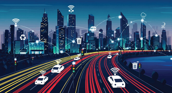 Futuristic cityscape with connected autonomous vehicles and smart technology infrastructure