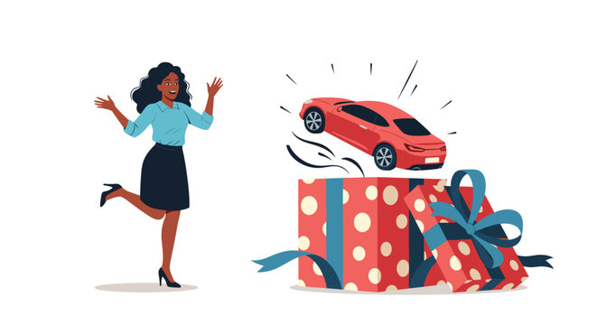 Happy young woman jumping with joy as a new red luxury sports car pops out of a large wrapped gift box with polka dots.