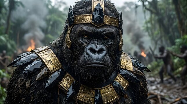 Powerful Gorilla King with Crown in Dark Jungle Scene
