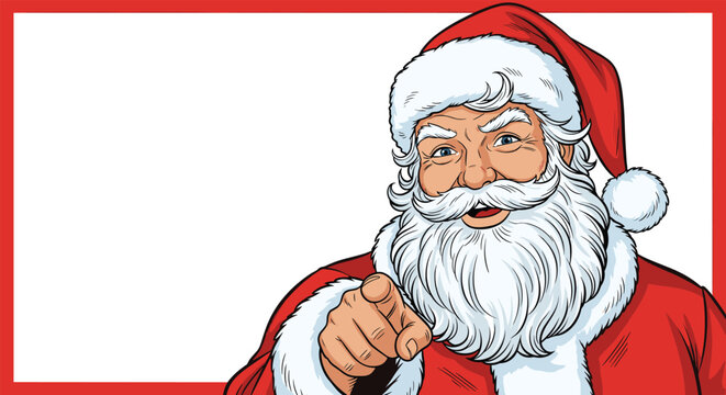Jolly Santa Claus with a white beard and red hat points his finger at the camera while standing inside a rectangular white frame with a border.
