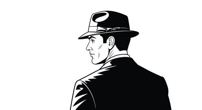Mysterious man in a vintage fedora and trench coat looks back over his shoulder in a black and white comic style illustration.
