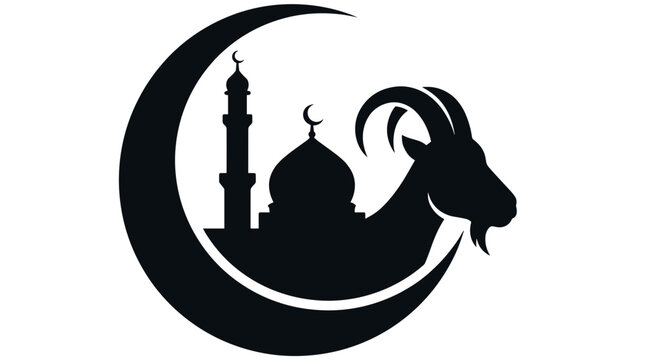 Islamic crescent moon with mosque and goat silhouette for Eid al Adha celebration