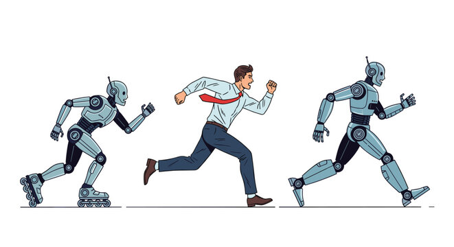 Panicked businessman in a white shirt and red tie flees from two advanced humanoid robots during a high speed chase sequence.