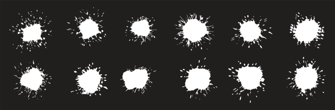 Abstract paint splatter frame collection with grunge monochrome ink textures and rough artistic border effects. Creative splash overlays for posters, branding and edgy graphic design projects. Modern 