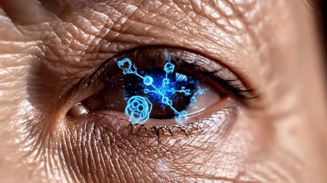 A human eye with blue circuitry patterns superimposed on the iris