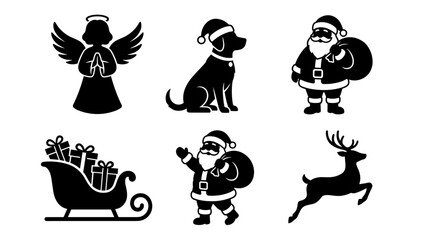 Obraz premium Christmas Icons Silhouette Set Featuring Santa Claus Reindeer Angel Dog and Sleigh