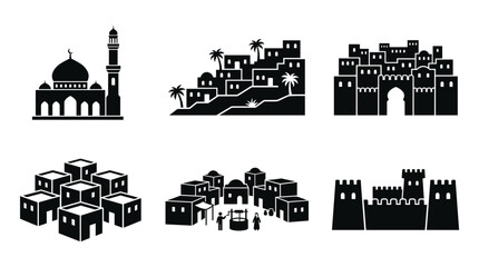 Obraz premium Collection of Middle Eastern village and city silhouette icons