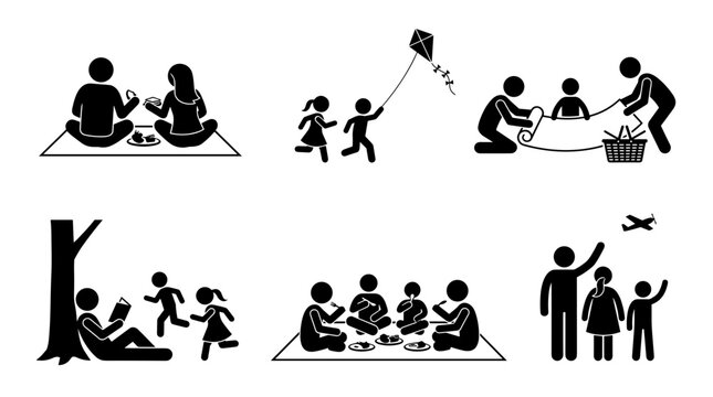 Stick figure family enjoying outdoor activities like picnics and kite flying