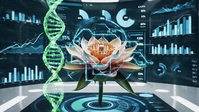 Futuristic analysis of biological growth, digital data charts and DNA helix in a clean modern laboratory, innovation concept