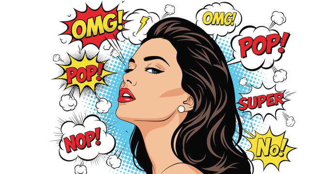 Attractive woman looks upward as she is surrounded by various comic book style speech bubbles and pop art graphic elements.