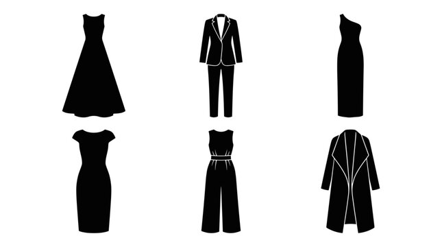 Collection of black silhouette fashion outfits including dresses suits jumpsuit and coat on white background