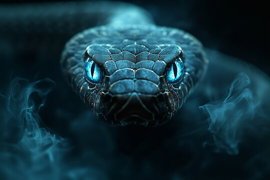Close up of a black snake with blue eyes
