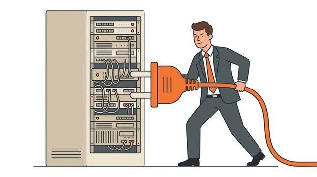 Businessman unplugging a large server rack with a worried expression