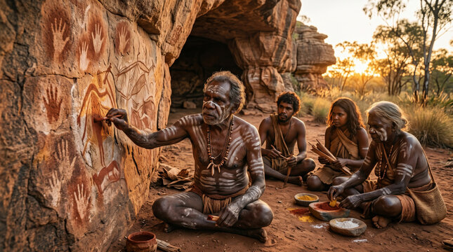 Indigenous Australian elders teach ancient rock art techniques at sunset