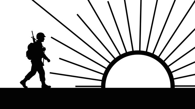 Soldier walking towards rising sun symbolizing hope and new beginnings