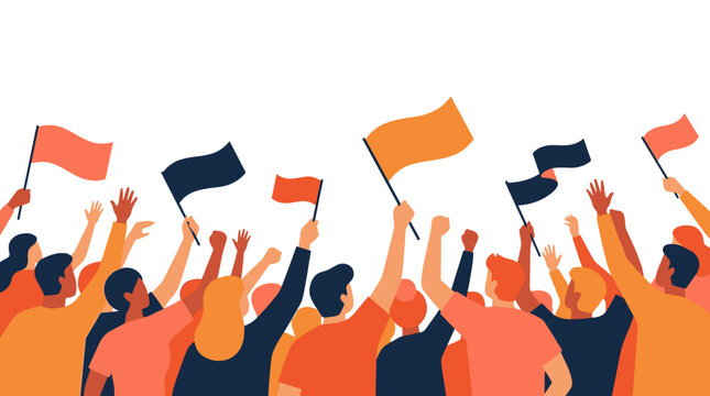 Crowd of people holding flags protesting or celebrating with raised hands and arms