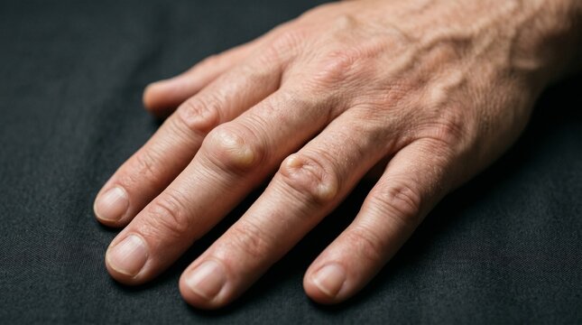 There are noticeable, raised, yellowish-flesh-colored nodules or lumps on the knuckles of the fingers, particularly prominent on the middle and ring fingers.