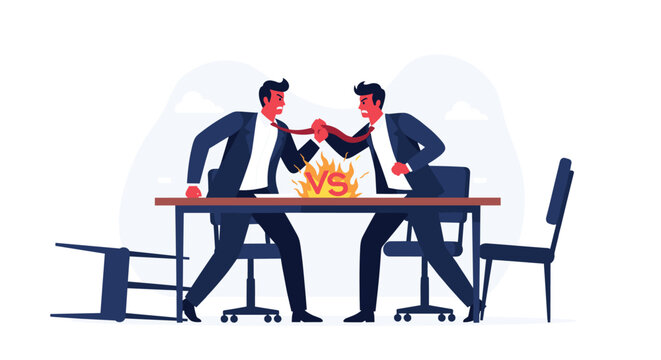 Fierce conflict between two businessmen who pull each other's ties across a desk while a flame burns in the middle.