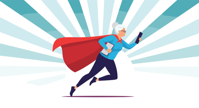 Senior woman superhero in a red cape and blue outfit flies across a ray background while using her digital tablet.